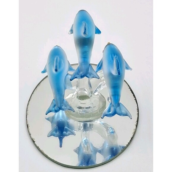 Vtg Blue Dolphins Glass Figurine Dolphin Trio on Mirror Base 3 1/4in tall" - Picture 4 of 13